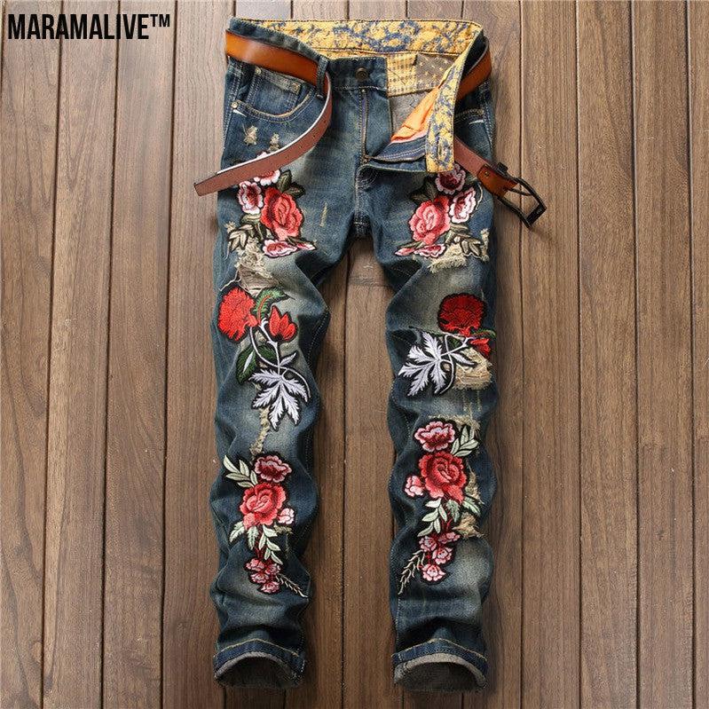 Spring Punk Men's Embroidered Rose Denim Trousers Mid Waist Casual