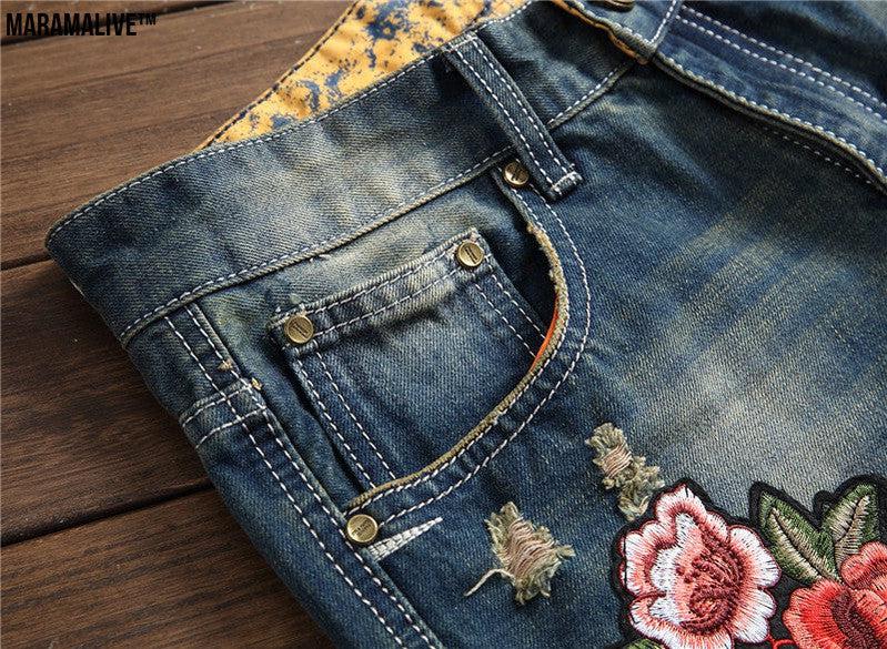 Spring Punk Men's Embroidered Rose Denim Trousers Mid Waist Casual