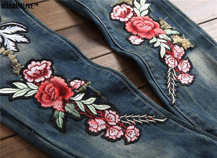 Spring Punk Men's Embroidered Rose Denim Trousers Mid Waist Casual