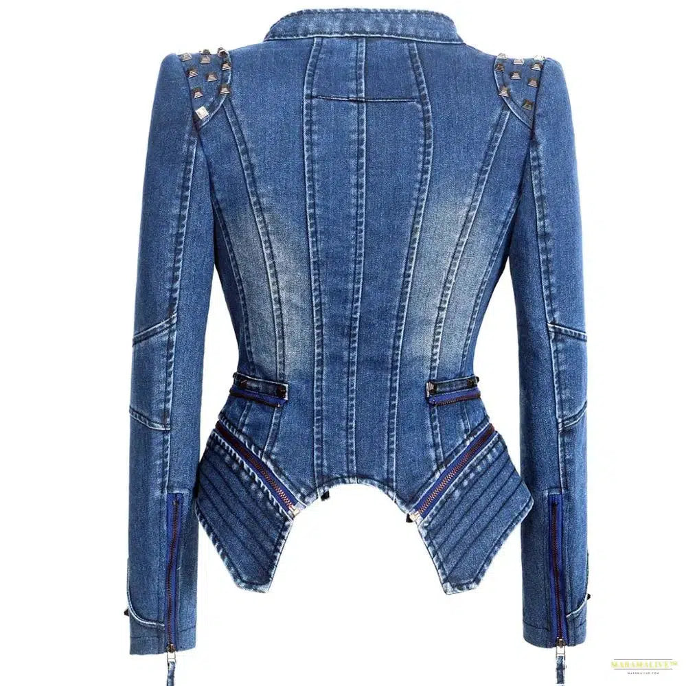 Spring autumn denim rivet punk Short Slim fit jacket motorcycle Windbreaker zipper outerwear