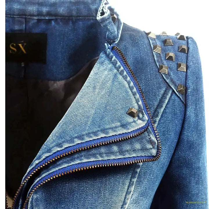 Spring autumn denim rivet punk Short Slim fit jacket motorcycle Windbreaker zipper outerwear