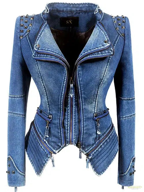 Spring autumn denim rivet punk Short Slim fit jacket motorcycle Windbreaker zipper outerwear