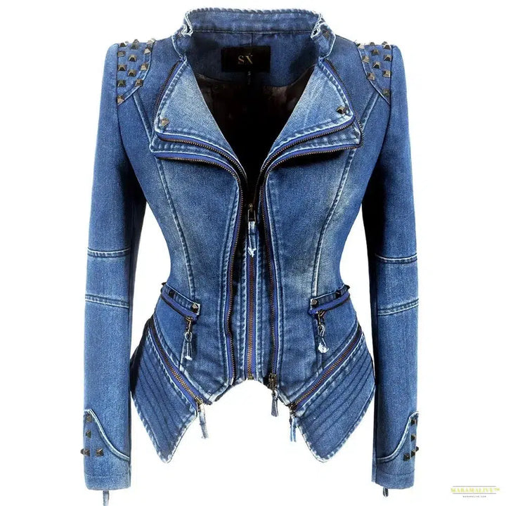 Spring autumn denim rivet punk Short Slim fit jacket motorcycle Windbreaker zipper outerwear