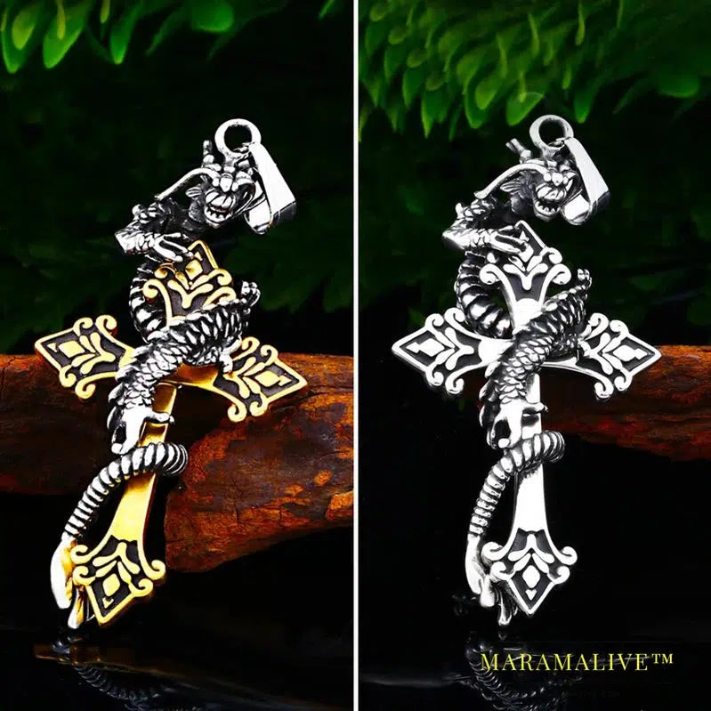 Stainless Steel Classic Animal Oriental Dragon Pendant Necklace Golden Cross Disc Dragon Pendant jewelry