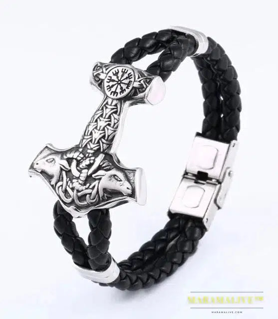 Stainless Steel Cowhide Bracelet Viking Scandinavian Norse Men's Bracelet Mjolnir Fashion