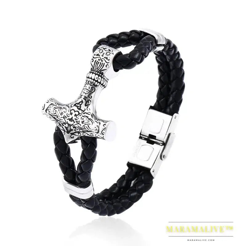 Stainless Steel Cowhide Bracelet Viking Scandinavian Norse Men's Bracelet Mjolnir Fashion