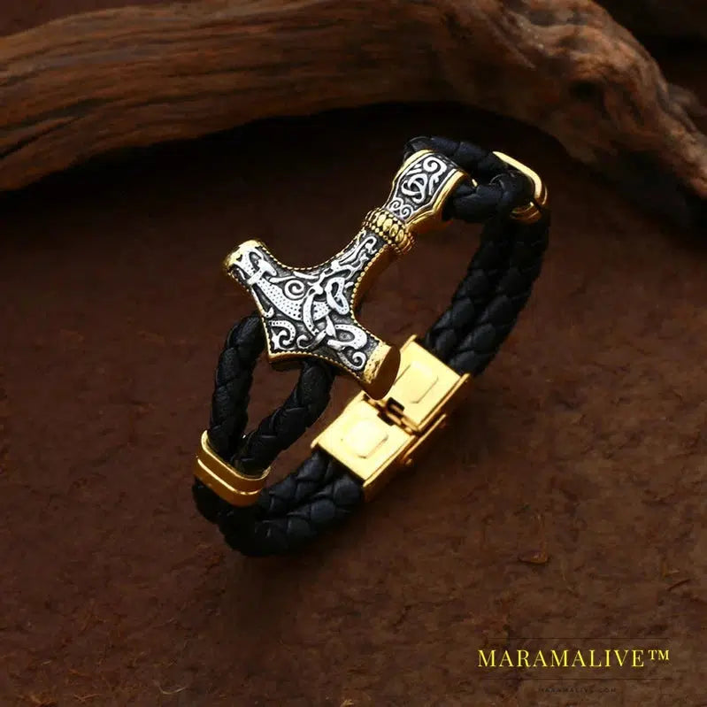 Stainless Steel Cowhide Bracelet Viking Scandinavian Norse Men's Bracelet Mjolnir Fashion