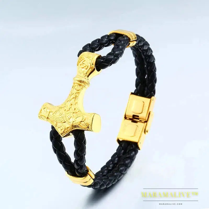 Stainless Steel Cowhide Bracelet Viking Scandinavian Norse Men's Bracelet Mjolnir Fashion