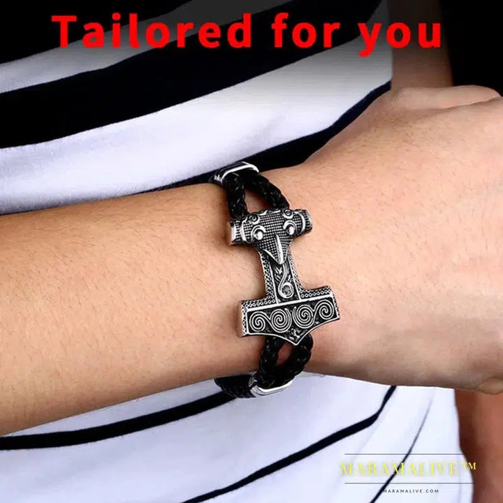 Stainless Steel Cowhide Bracelet Viking Scandinavian Norse Men's Bracelet Mjolnir Fashion