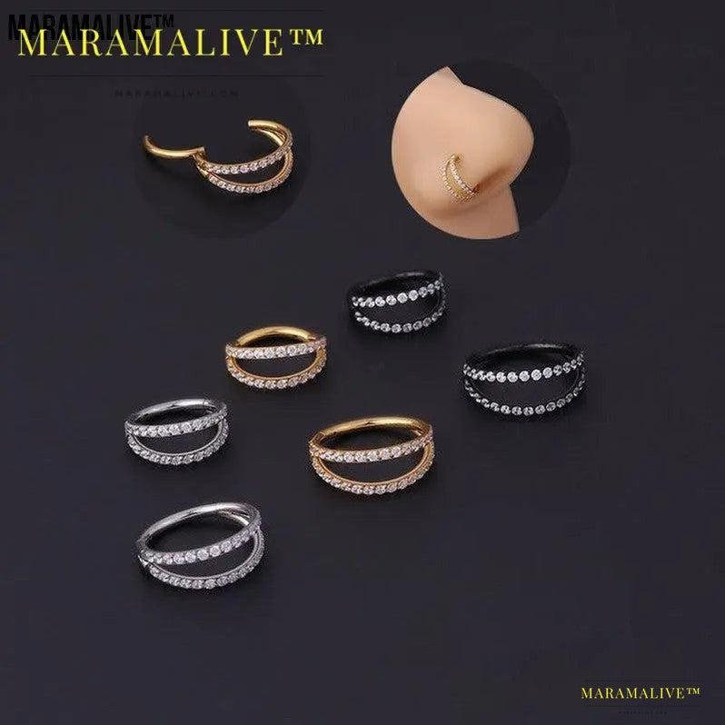 Stainless Steel Double Row Carved Zircon Seamless Nose Ring