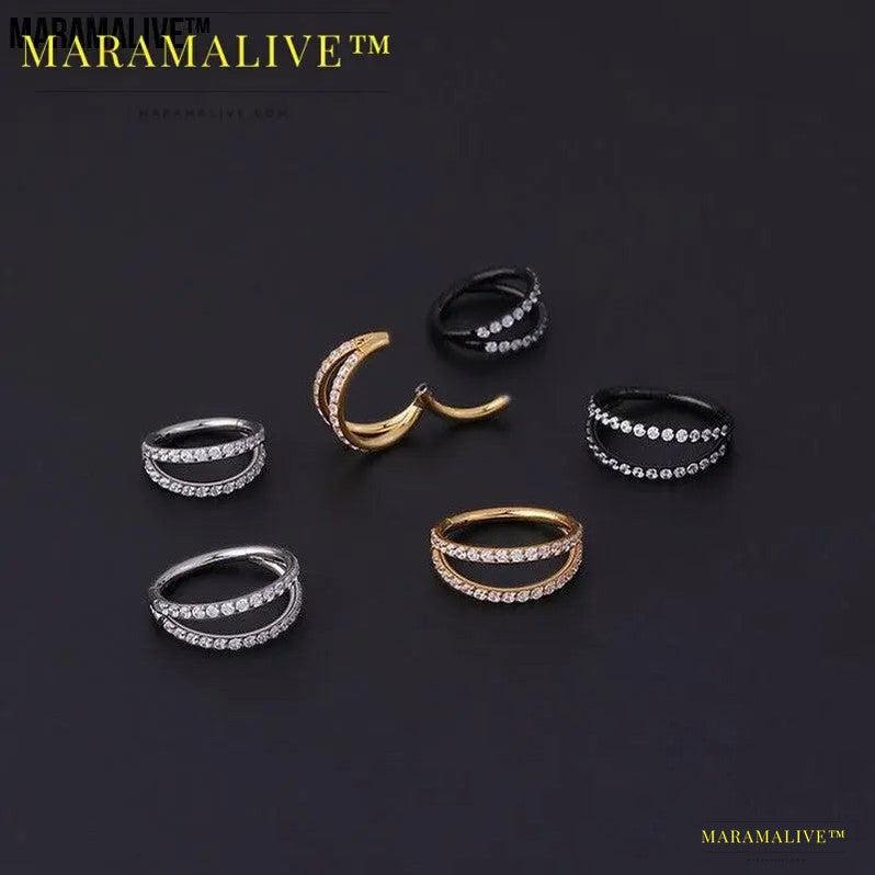 Stainless Steel Double Row Carved Zircon Seamless Nose Ring