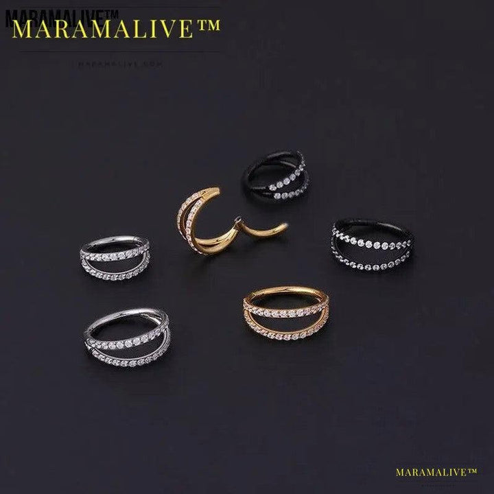 Stainless Steel Double Row Carved Zircon Seamless Nose Ring