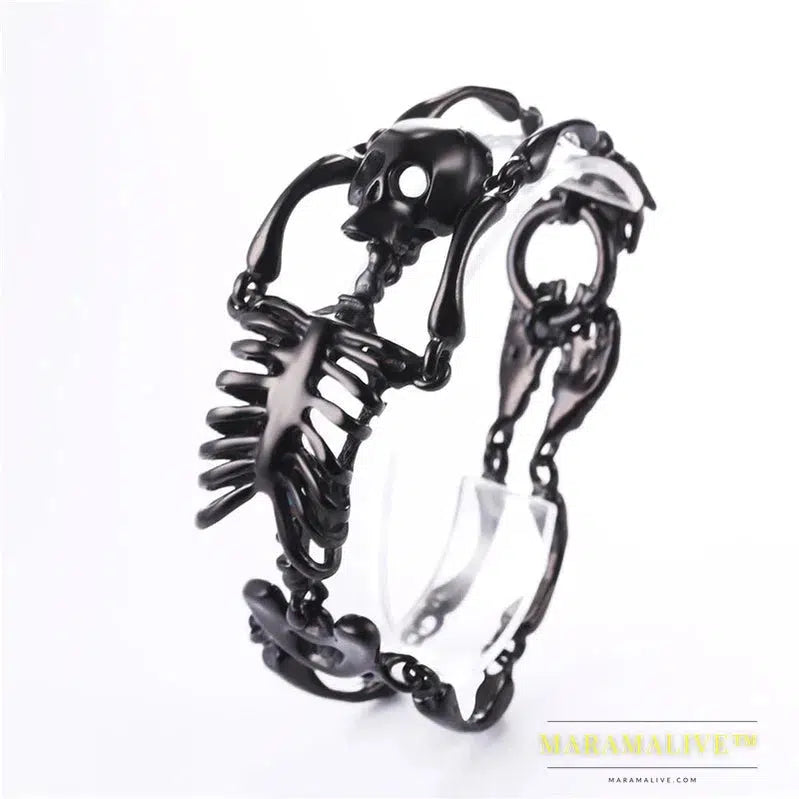 Stainless Steel Gothic Skull Bracelet for Men Steampunk Heavy Skeleton Wristband Chains Halloween Party Accessories