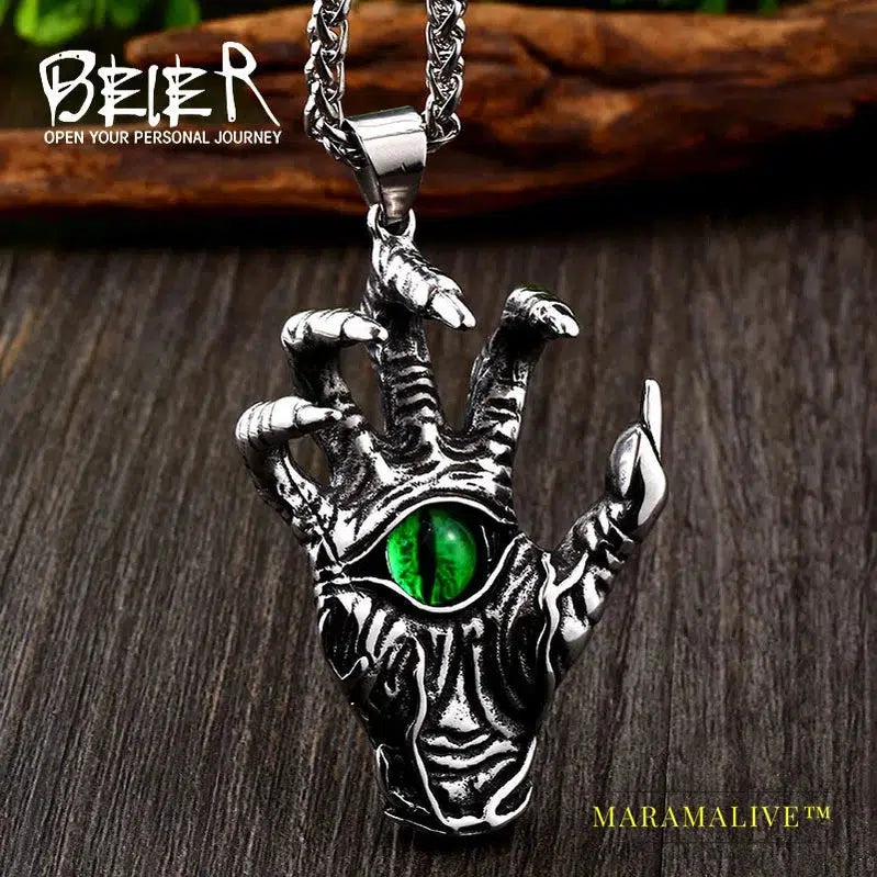 Stainless Steel Hand Bone Paw Green Evil Eye Men's Pendant Necklace Punk Rock High Quality Jewelry