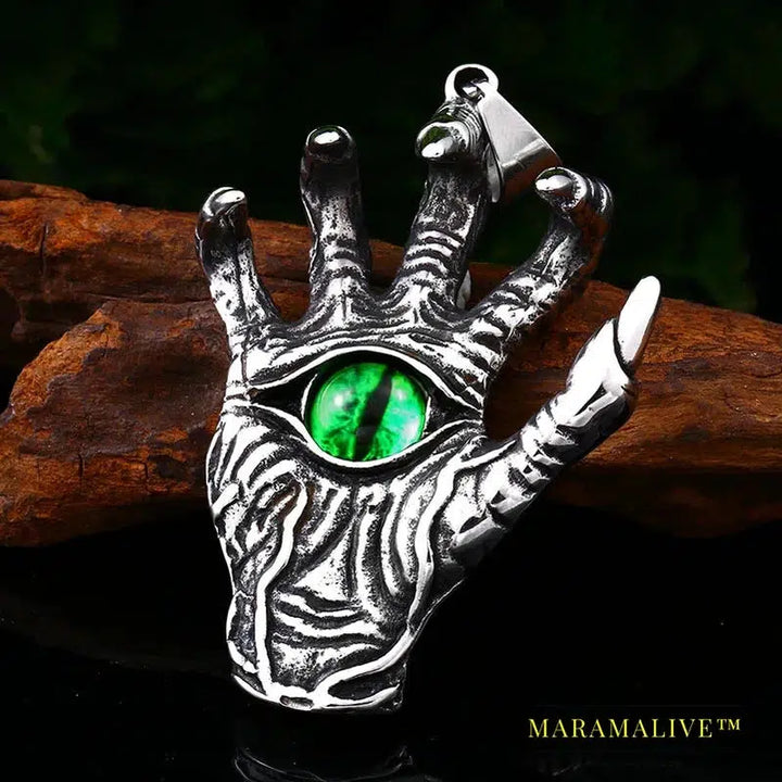 Stainless Steel Hand Bone Paw Green Evil Eye Men's Pendant Necklace Punk Rock High Quality Jewelry