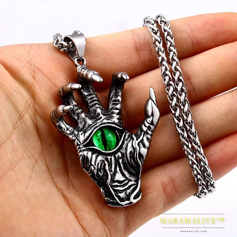 Stainless Steel Hand Bone Paw Green Evil Eye Men's Pendant Necklace Punk Rock High Quality Jewelry