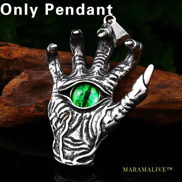 Stainless Steel Hand Bone Paw Green Evil Eye Men's Pendant Necklace Punk Rock High Quality Jewelry