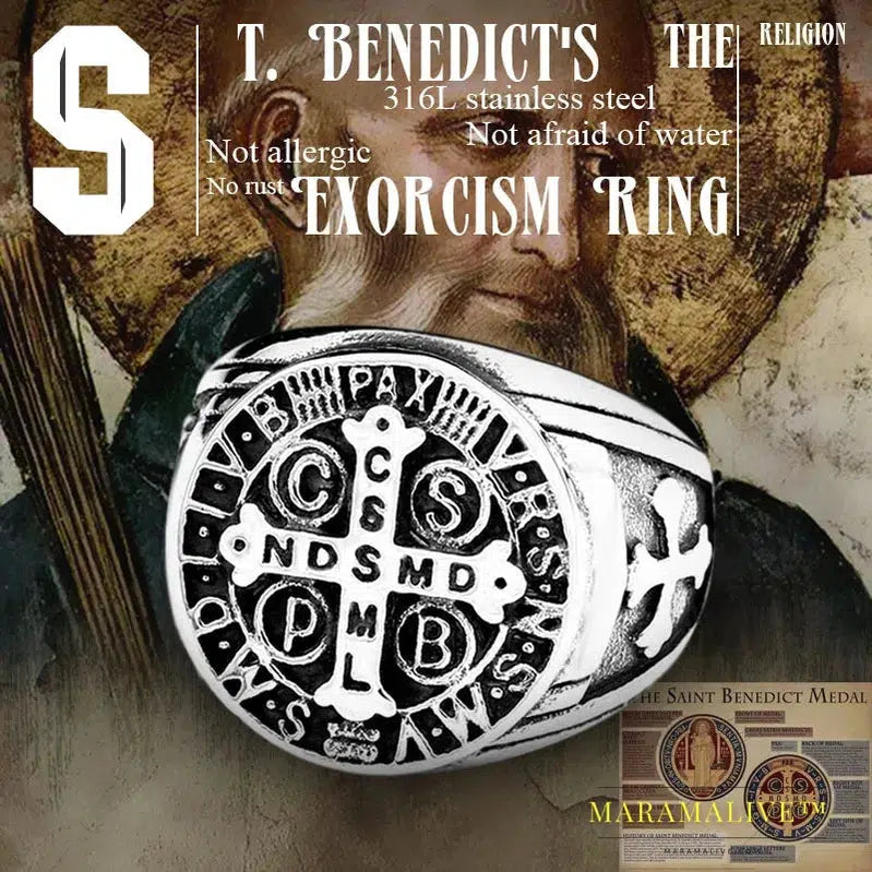 Stainless Steel Letter faith cross Jesus St. Benedict's Exorcism for men ring fashion jewelry