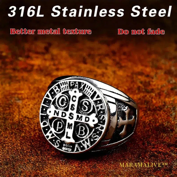 Stainless Steel Letter faith cross Jesus St. Benedict's Exorcism for men ring fashion jewelry