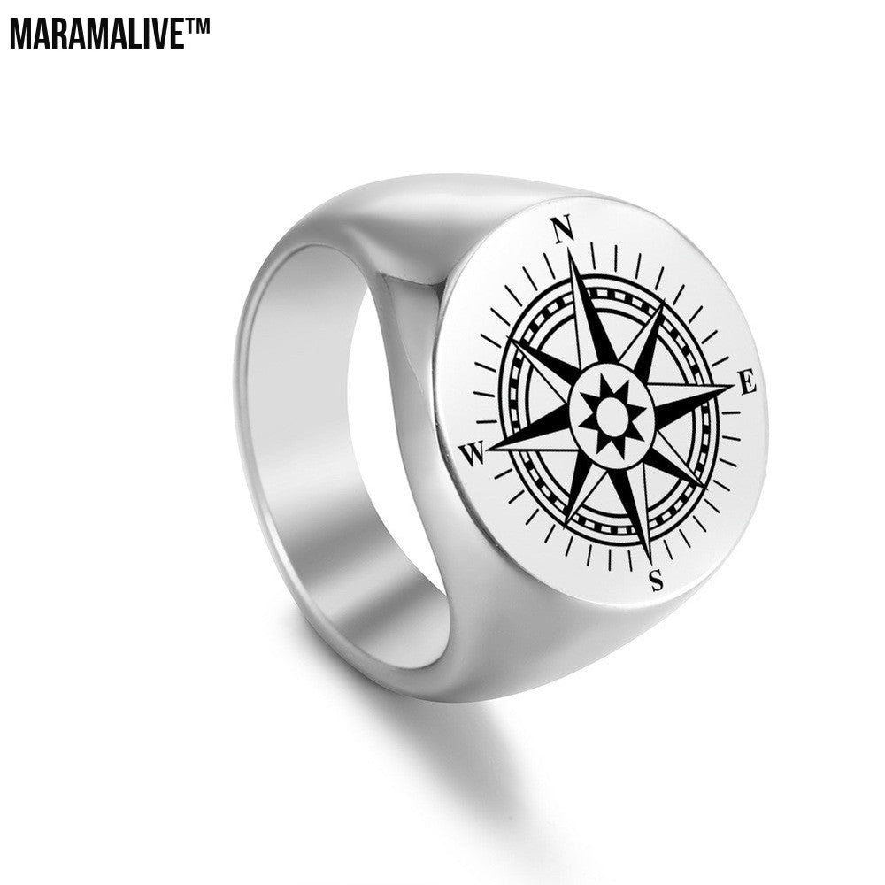 Stainless Steel Marking Silver Compass Ring