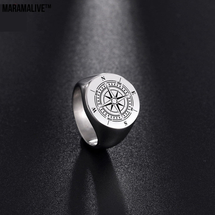 Stainless Steel Marking Silver Compass Ring