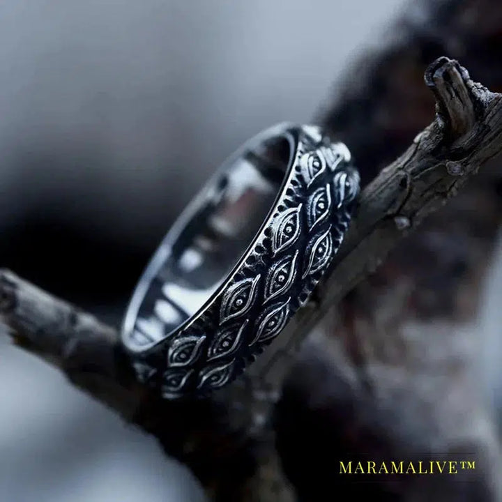 Stainless Steel Men's Ring Mythology Carved Eyes Ring For Men Cool Rock