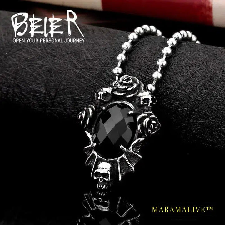 Stainless Steel Necklace Pendant Rose flower skull with big black zircon Jewelry