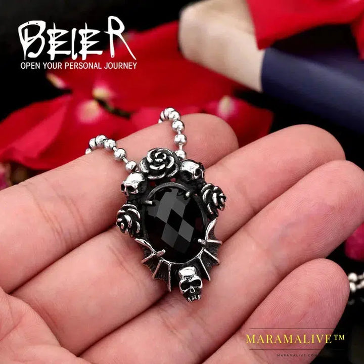 Stainless Steel Necklace Pendant Rose flower skull with big black zircon Jewelry