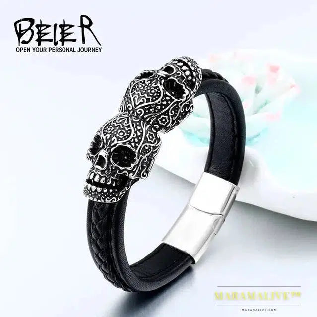 Stainless Steel Punk Double Skull Men's High Quality Leather Bracelet Party Fashion Jewelry