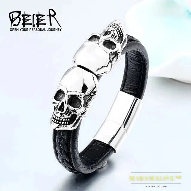 Stainless Steel Punk Double Skull Men's High Quality Leather Bracelet Party Fashion Jewelry