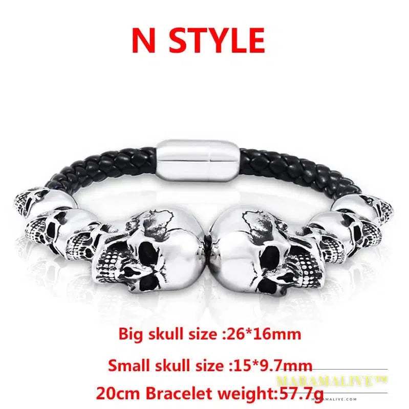 Stainless Steel Punk Triple Skull Leather Men's Bangle Rock Biker High Quality Jewelry Gift