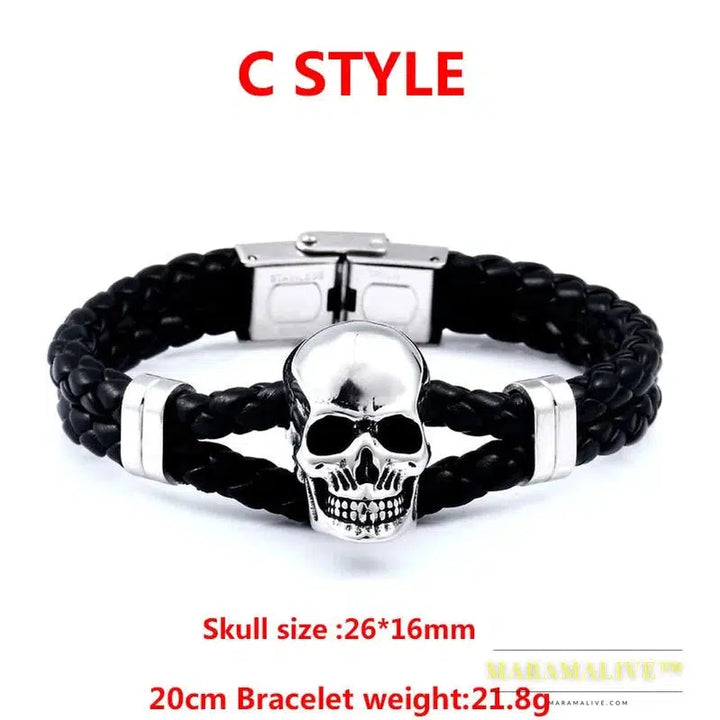 Stainless Steel Punk Triple Skull Leather Men's Bangle Rock Biker High Quality Jewelry Gift