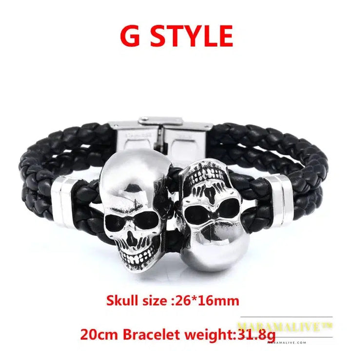 Stainless Steel Punk Triple Skull Leather Men's Bangle Rock Biker High Quality Jewelry Gift