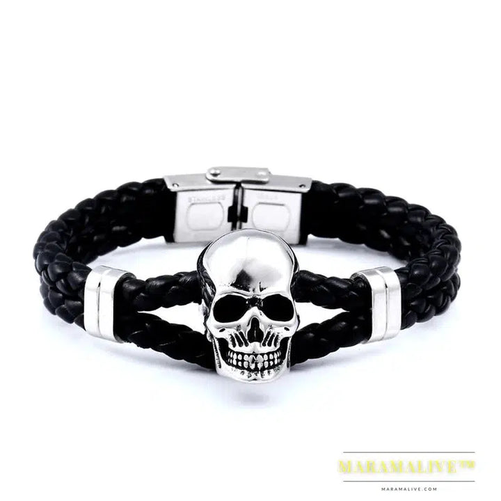 Stainless Steel Punk Triple Skull Leather Men's Bangle Rock Biker High Quality Jewelry Gift