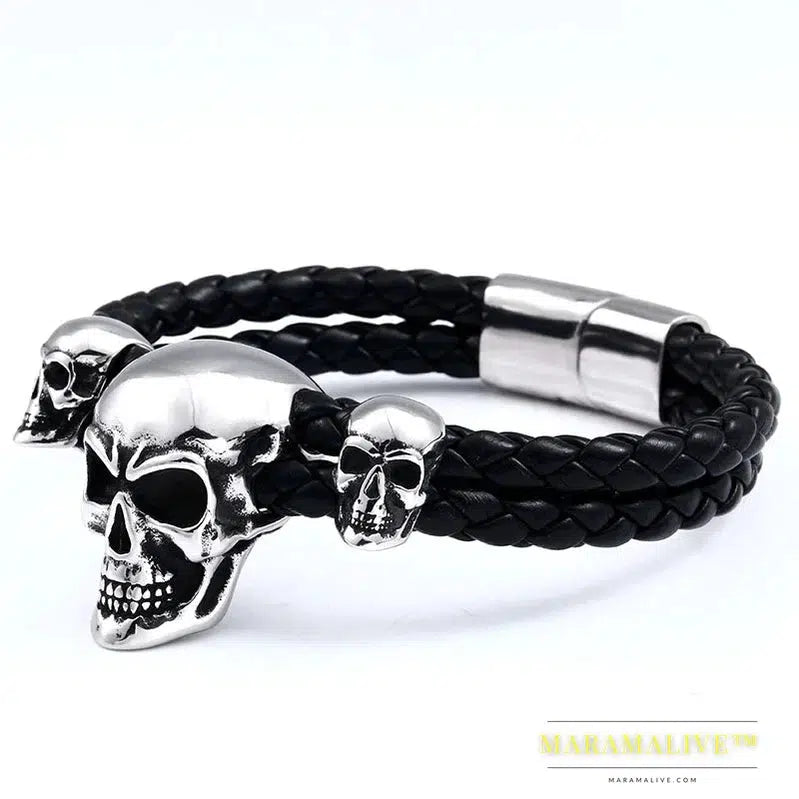 Stainless Steel Punk Triple Skull Leather Men's Bangle Rock Biker High Quality Jewelry Gift