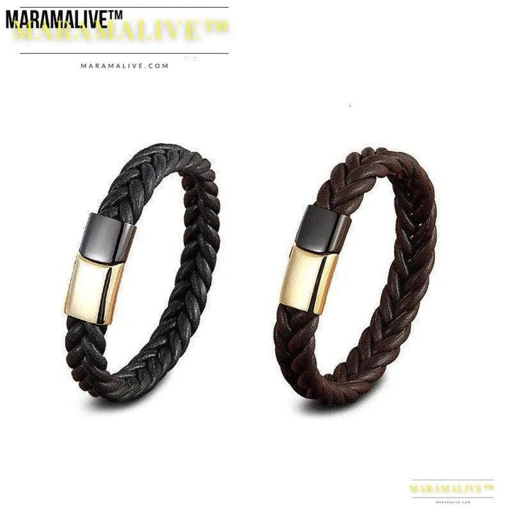 Stainless Steel Titanium Two-tone Buckle Leather Cord Bracelet