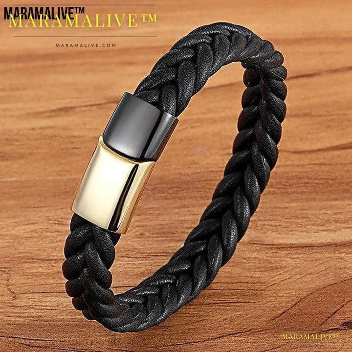 Stainless Steel Titanium Two-tone Buckle Leather Cord Bracelet