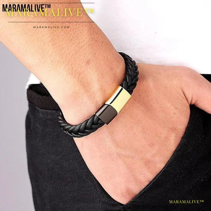 Stainless Steel Titanium Two-tone Buckle Leather Cord Bracelet