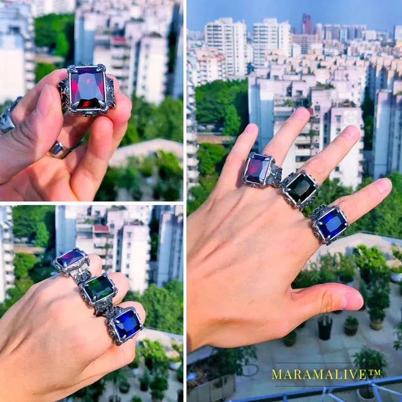 Stainless Steel VIKING Colorful Stone Trend Men's Ring Double-Sided Axe High Quality Jewelry