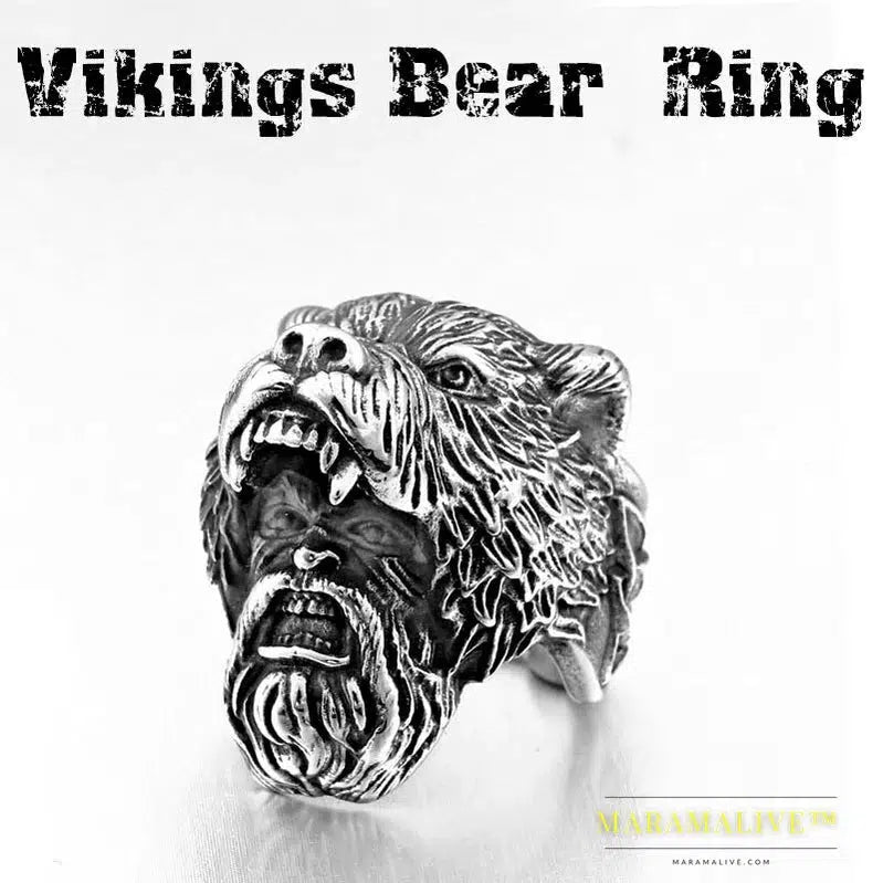 Stainless Steel Viking Bear Head Ring for Men's Punk Fashion Jewelry