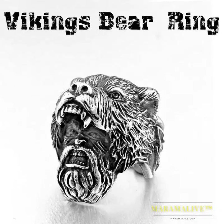 Stainless Steel Viking Bear Head Ring for Men's Punk Fashion Jewelry