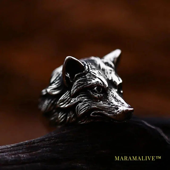 Stainless Steel Viking Nordic Wolf Head Ring Animal Jewelry Men Ring