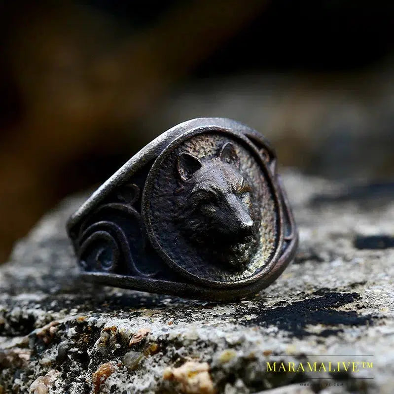 Stainless Steel Viking Nordic Wolf Head Ring Animal Jewelry Men Ring