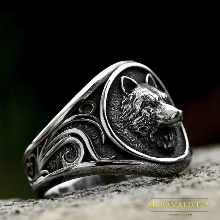 Stainless Steel Viking Nordic Wolf Head Ring Animal Jewelry Men Ring