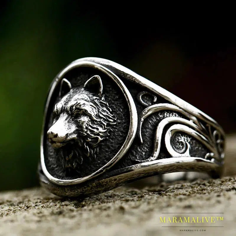 Stainless Steel Viking Nordic Wolf Head Ring Animal Jewelry Men Ring