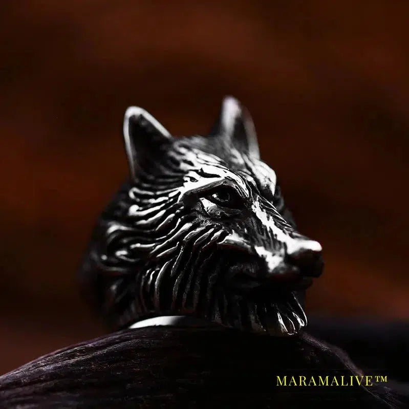 Stainless Steel Viking Nordic Wolf Head Ring Animal Jewelry Men Ring