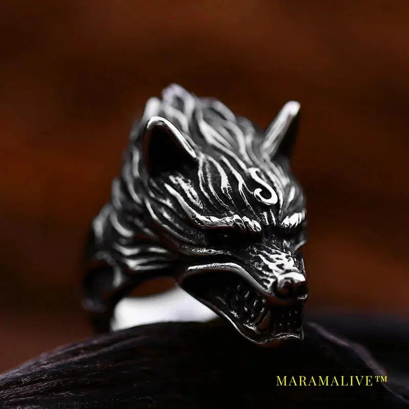 Stainless Steel Viking Nordic Wolf Head Ring Animal Jewelry Men Ring