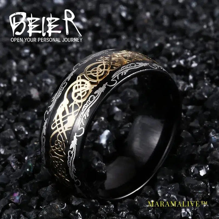 Stainless Steel Viking Runes Golden Dragon Man's Ring Blu-ray Simple Fashion High Quality Jewelry