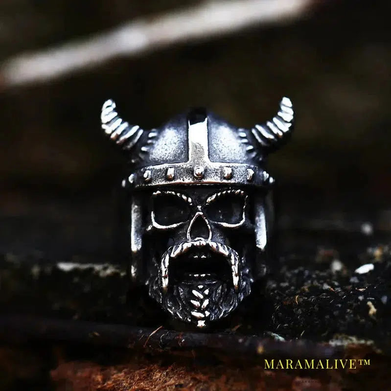 Stainless Steel Viking Warrior Skull Cross Men's Ring Punk Nordic Horns War God High Quality Jewelry