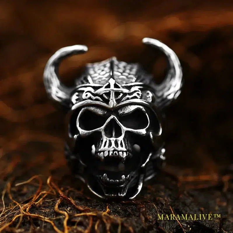 Stainless Steel Viking Warrior Skull Cross Men's Ring Punk Nordic Horns War God High Quality Jewelry